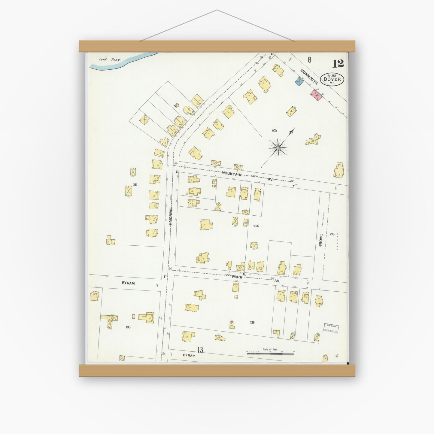 Old map wall art mockup — magnetic wood frame on white wall — Sanborn Fire Insurance Map from Dover, Morris County, New Jersey (1900), Sheet #0012