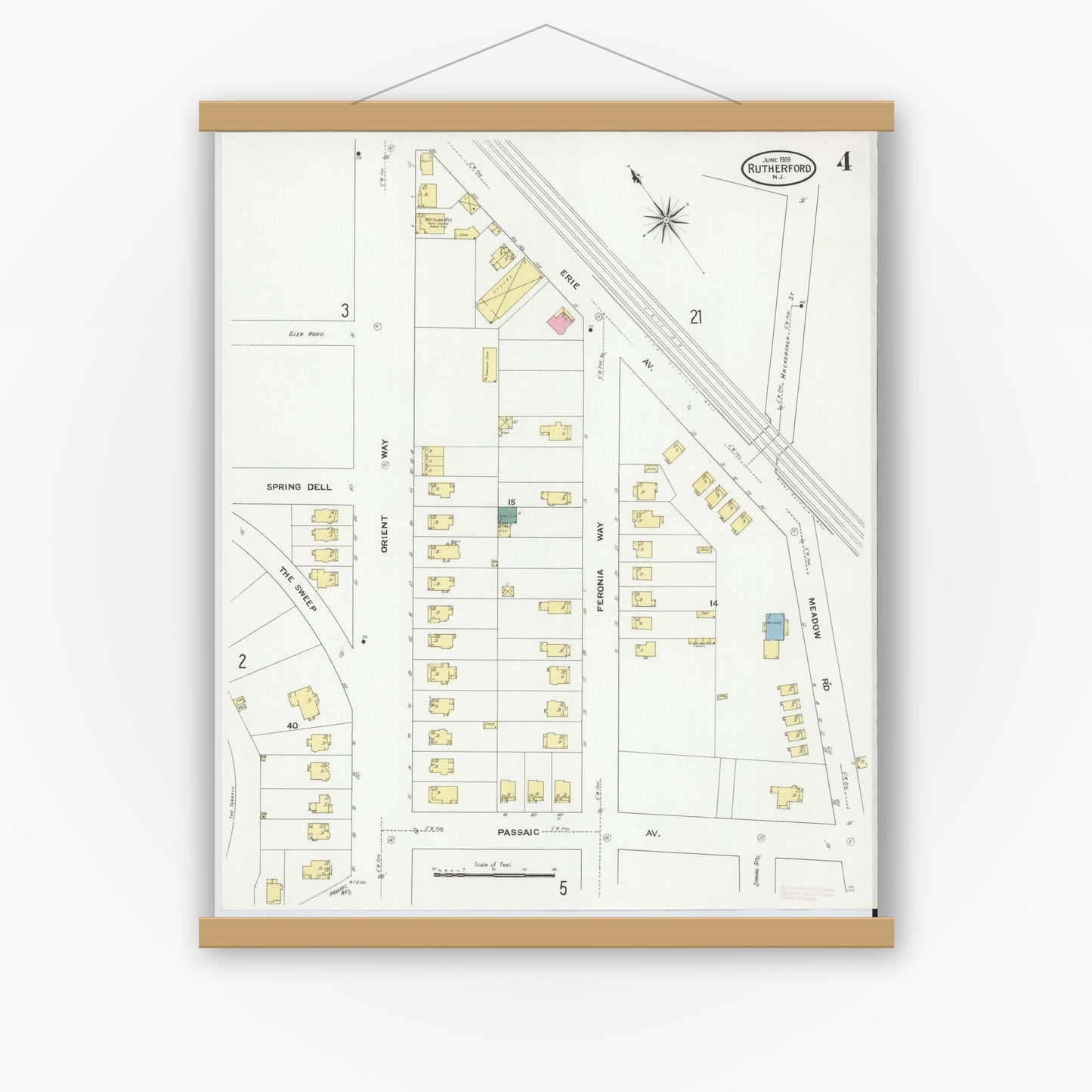 Old map wall art mockup — magnetic wood frame on white wall — Sanborn Fire Insurance Map from Rutherford, Bergen County, New Jersey (1909), Sheet #0004