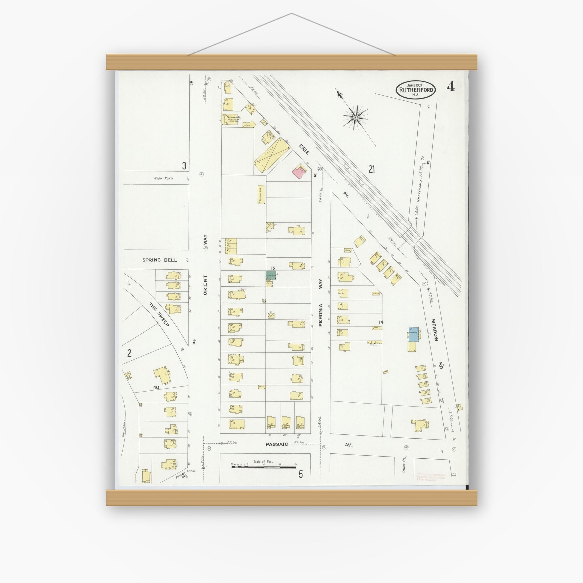 Old map wall art mockup — magnetic wood frame on white wall — Sanborn Fire Insurance Map from Rutherford, Bergen County, New Jersey (1909), Sheet #0004
