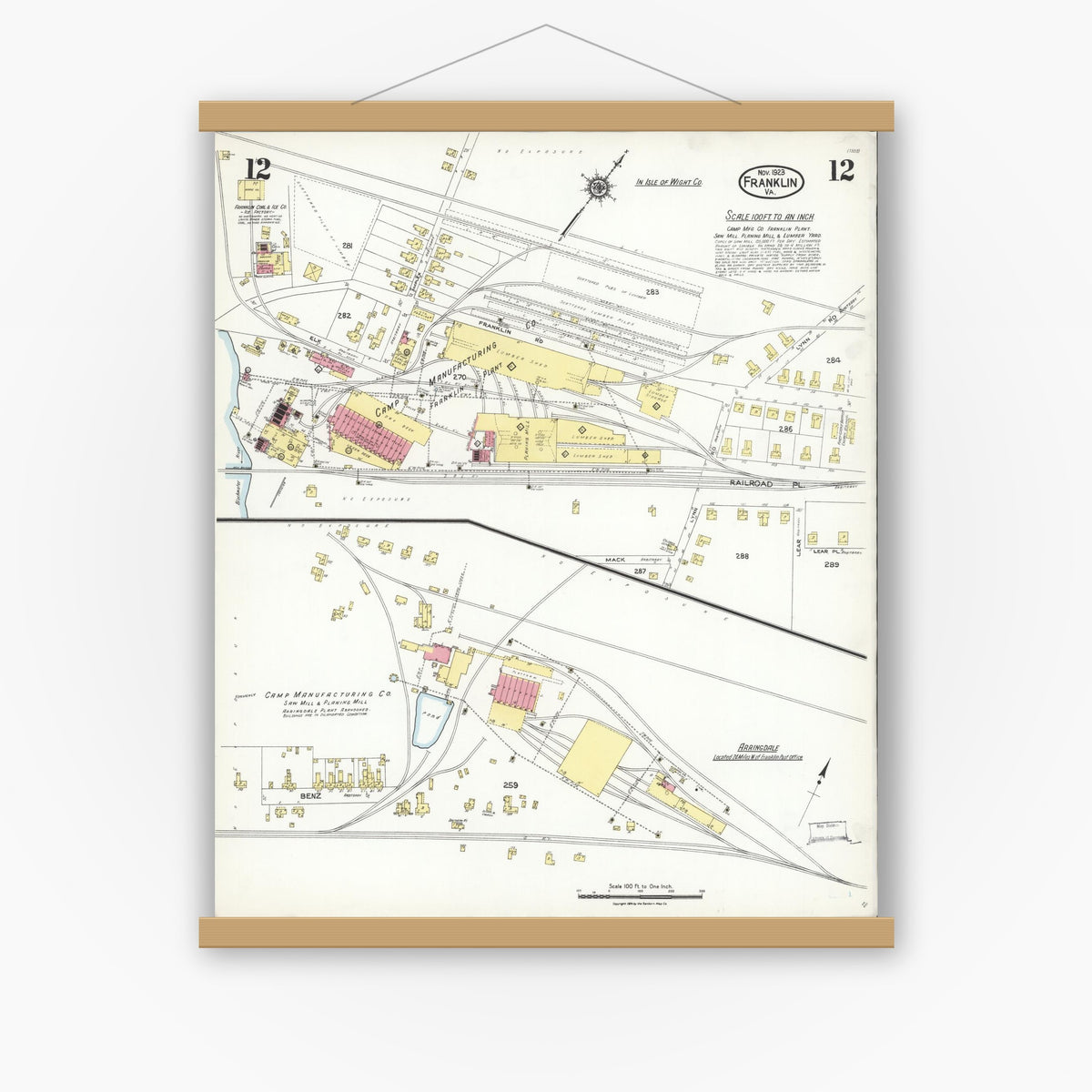 Old map wall art mockup — magnetic wood frame on white wall — Sanborn Fire Insurance Map from Franklin, Independent Cities, Virginia (1923), Sheet #0012