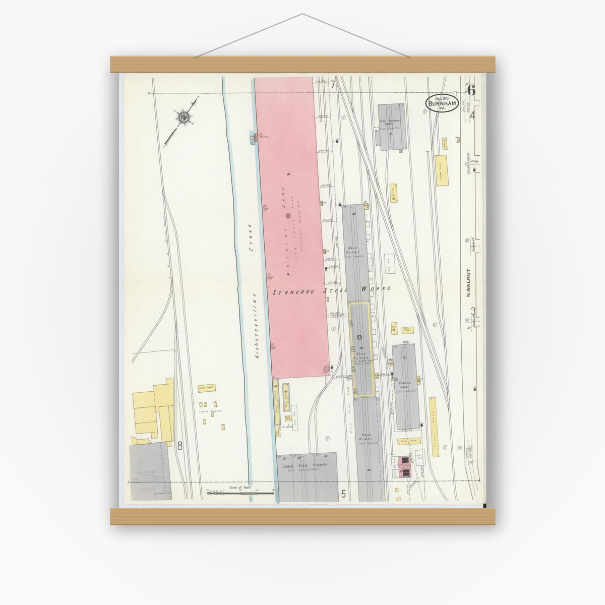 Old map wall art mockup — magnetic wood frame on white wall — Sanborn Fire Insurance Map from Burnham, Mifflin County, Pennsylvania (1910), Sheet #0006