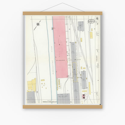 Old map wall art mockup — magnetic wood frame on white wall — Sanborn Fire Insurance Map from Burnham, Mifflin County, Pennsylvania (1910), Sheet #0006