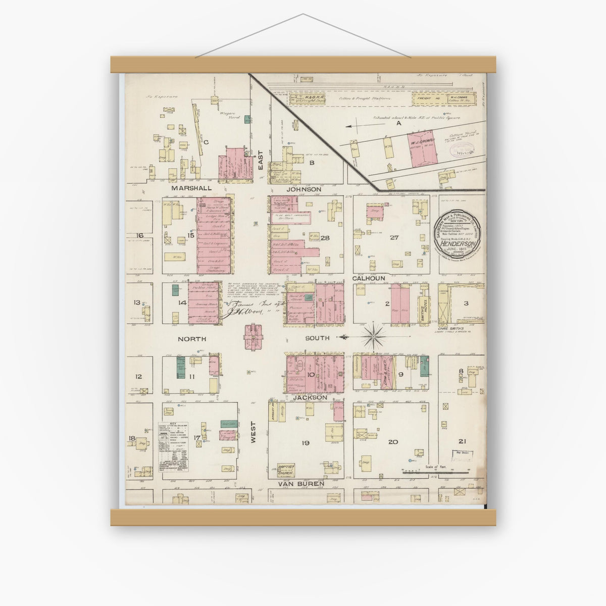 Old map wall art mockup — magnetic wood frame on white wall — Sanborn Fire Insurance Map from Henderson, Rusk County, Texas (1885), Sheet #0001