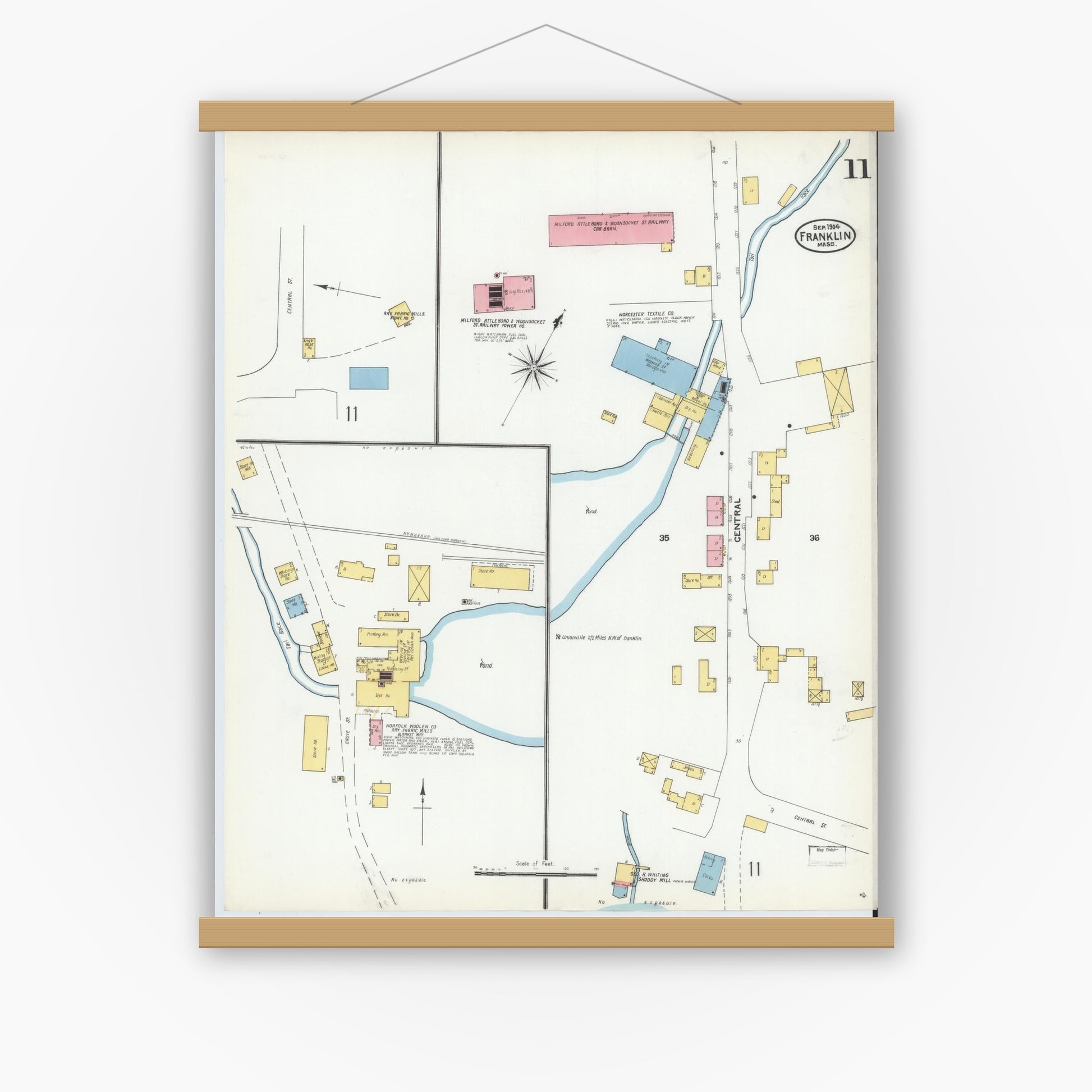 Old map wall art mockup — magnetic wood frame on white wall — Sanborn Fire Insurance Map from Franklin, Norfolk County, Massachusetts (1904), Sheet #0011