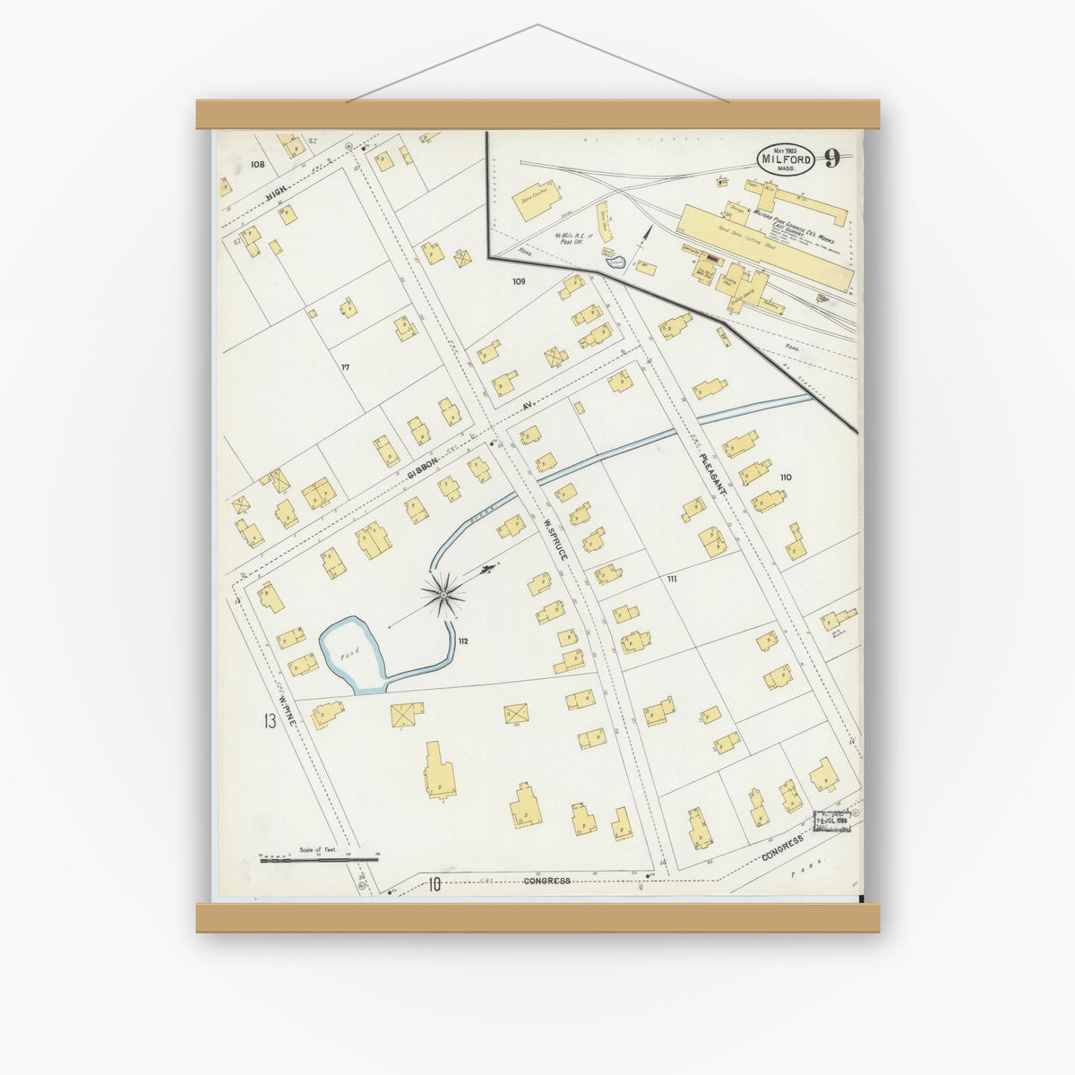 Old map wall art mockup — magnetic wood frame on white wall — Sanborn Fire Insurance Map from Milford, Worcester County, Massachusetts (1903), Sheet #0009