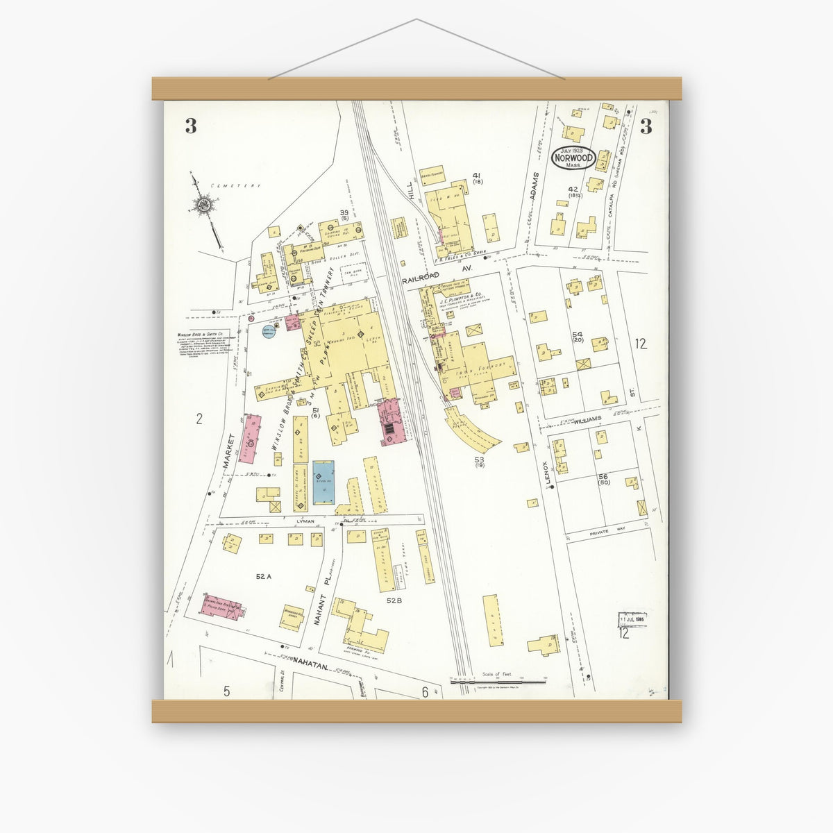 Old map wall art mockup — magnetic wood frame on white wall — Sanborn Fire Insurance Map from Norwood, Norfolk County, Massachusetts (1923), Sheet #0003