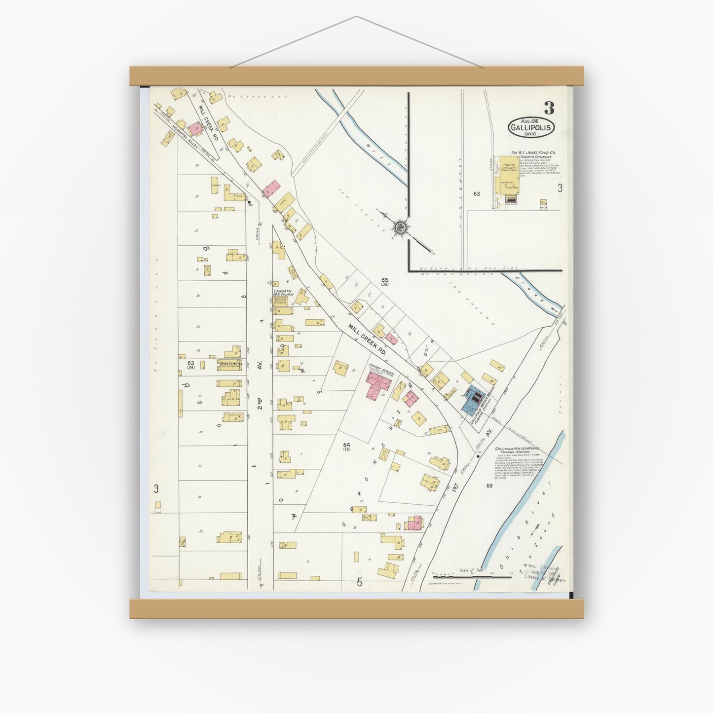 Old map wall art mockup — magnetic wood frame on white wall — Sanborn Fire Insurance Map from Gallipolis, Gallia County, Ohio (1916), Sheet #0003