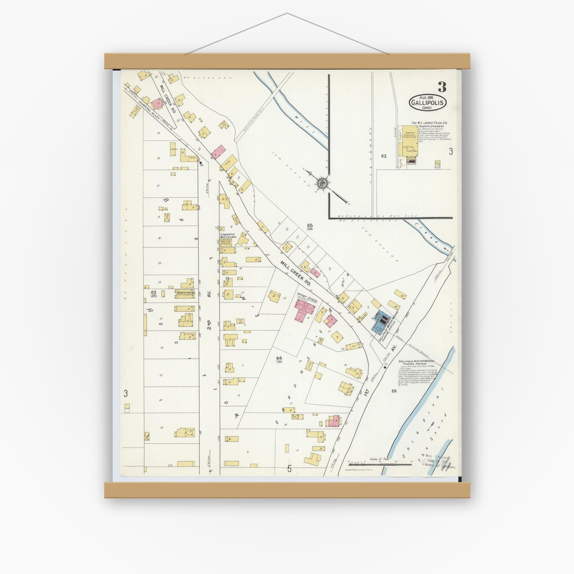 Old map wall art mockup — magnetic wood frame on white wall — Sanborn Fire Insurance Map from Gallipolis, Gallia County, Ohio (1916), Sheet #0003