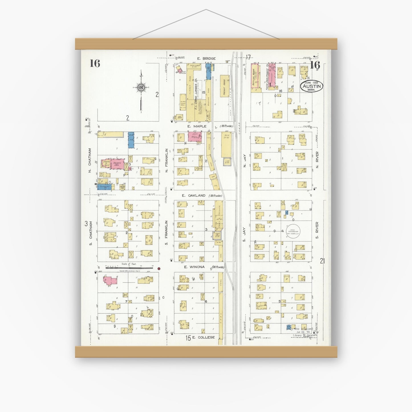 Old map wall art mockup — magnetic wood frame on white wall — Sanborn Fire Insurance Map from Austin, Mower County, Minnesota (1926), Sheet #0016