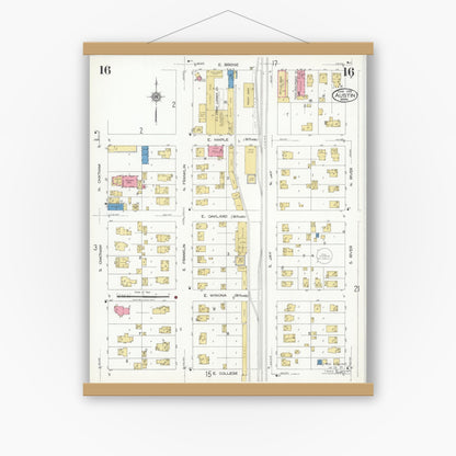 Old map wall art mockup — magnetic wood frame on white wall — Sanborn Fire Insurance Map from Austin, Mower County, Minnesota (1926), Sheet #0016