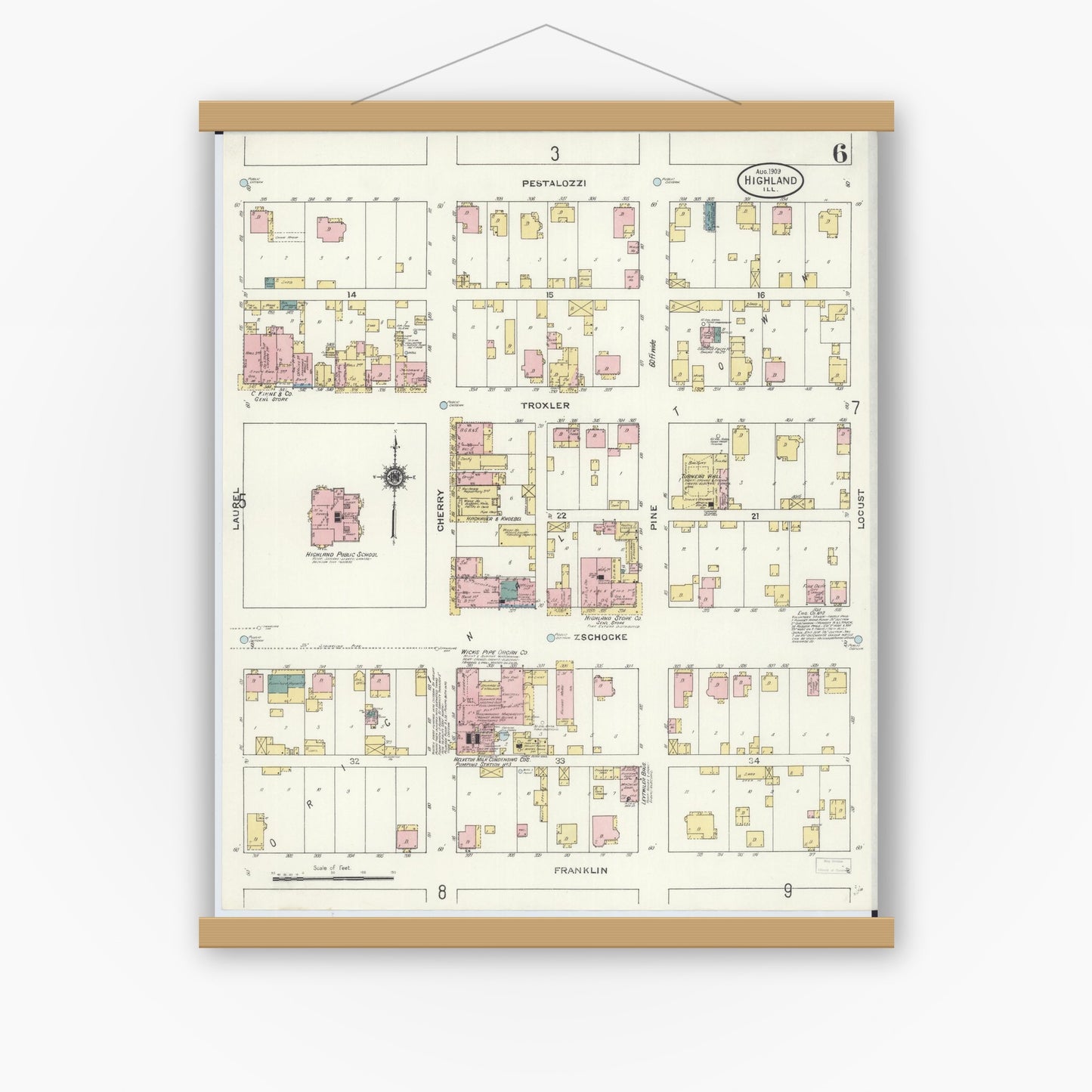 Old map wall art mockup — magnetic wood frame on white wall — Sanborn Fire Insurance Map from Highland, Madison County, Illinois (1908), Sheet #0006