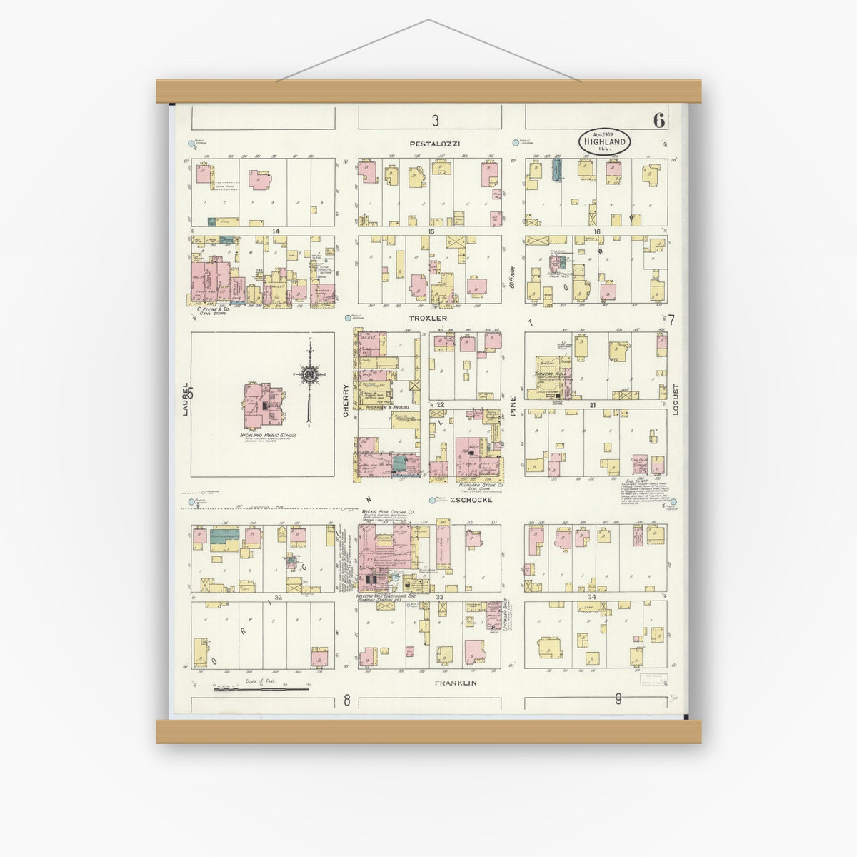 Old map wall art mockup — magnetic wood frame on white wall — Sanborn Fire Insurance Map from Highland, Madison County, Illinois (1908), Sheet #0006