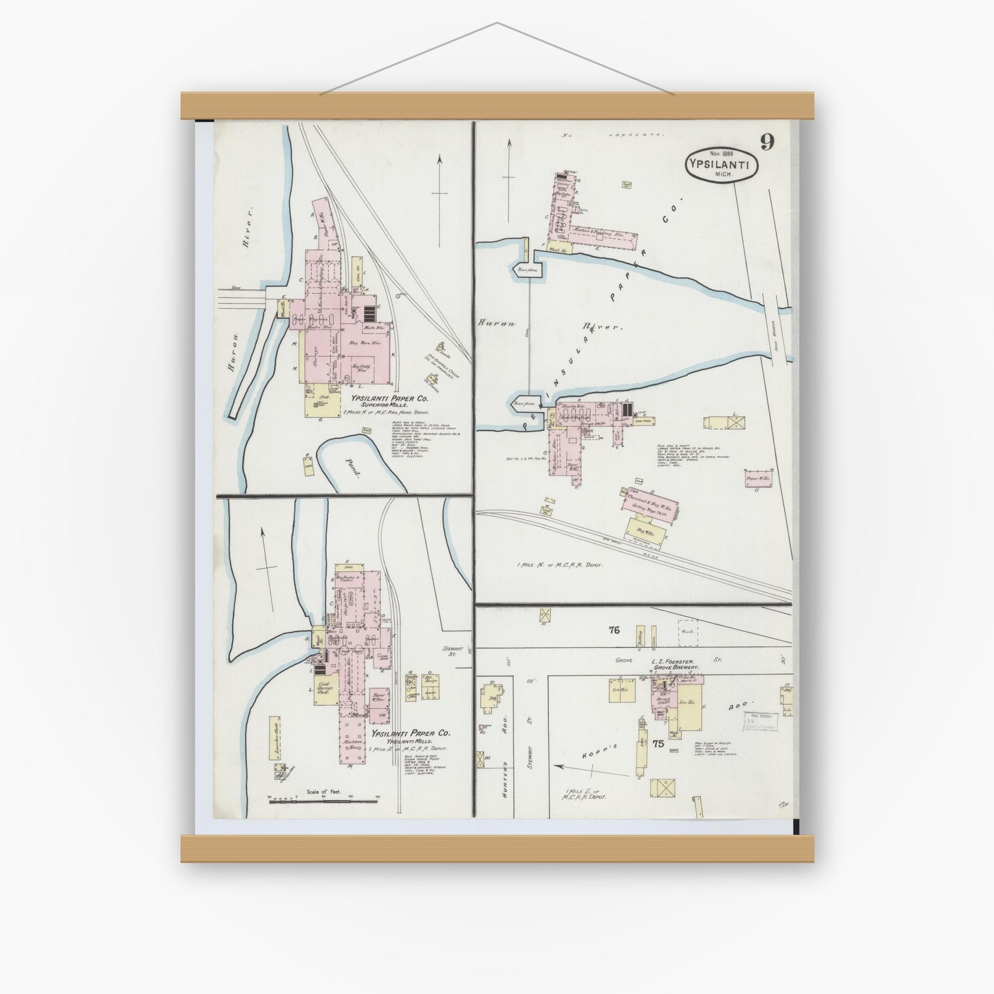 Old map wall art mockup — magnetic wood frame on white wall — Sanborn Fire Insurance Map from Ypsilanti, Washtenaw County, Michigan (1888), Sheet #0009