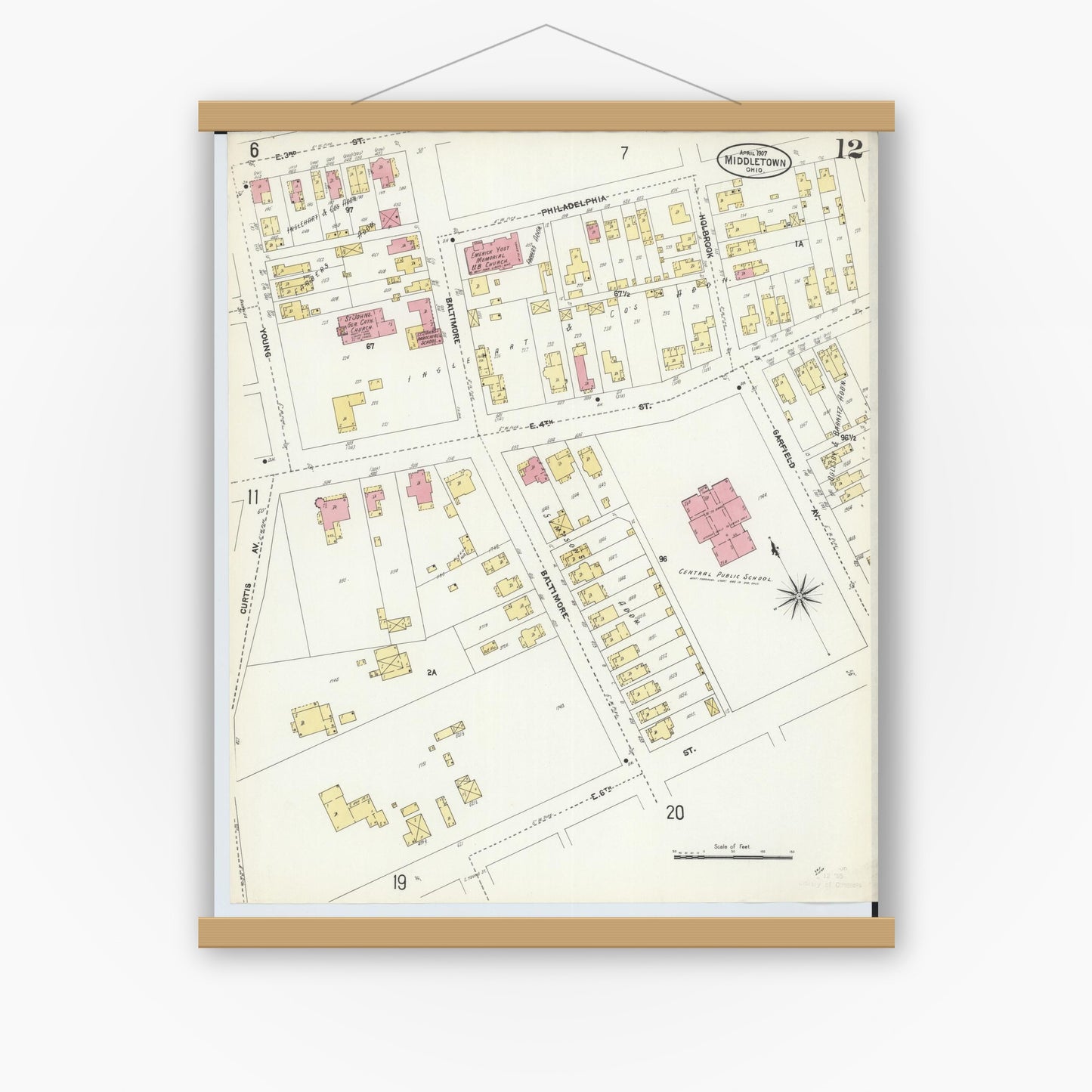 Old map wall art mockup — magnetic wood frame on white wall — Sanborn Fire Insurance Map from Middletown, Butler County, Ohio (1907), Sheet #0012
