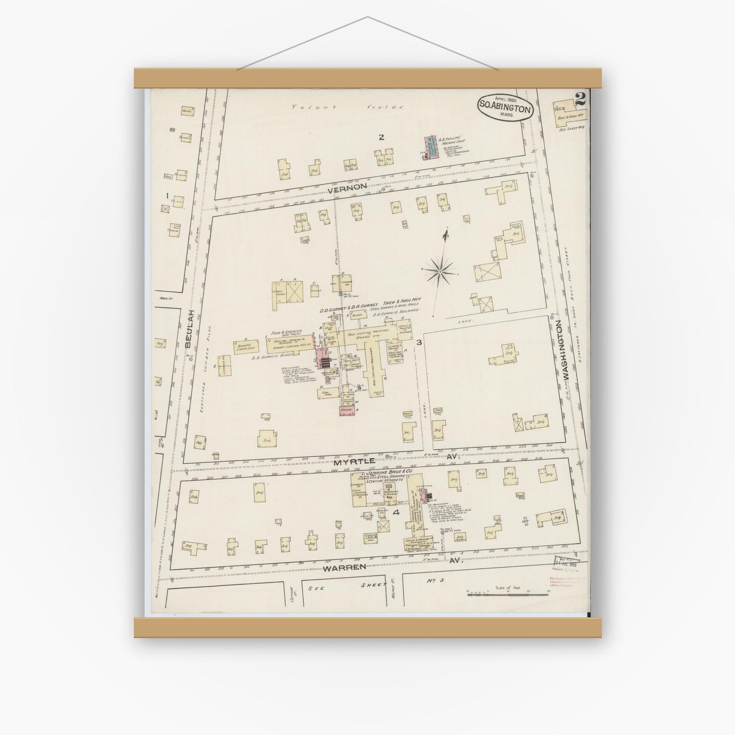 Old map wall art mockup — magnetic wood frame on white wall — Sanborn Fire Insurance Map from South Abington, Plymouth County, Massachusetts (1885), Sheet #0002
