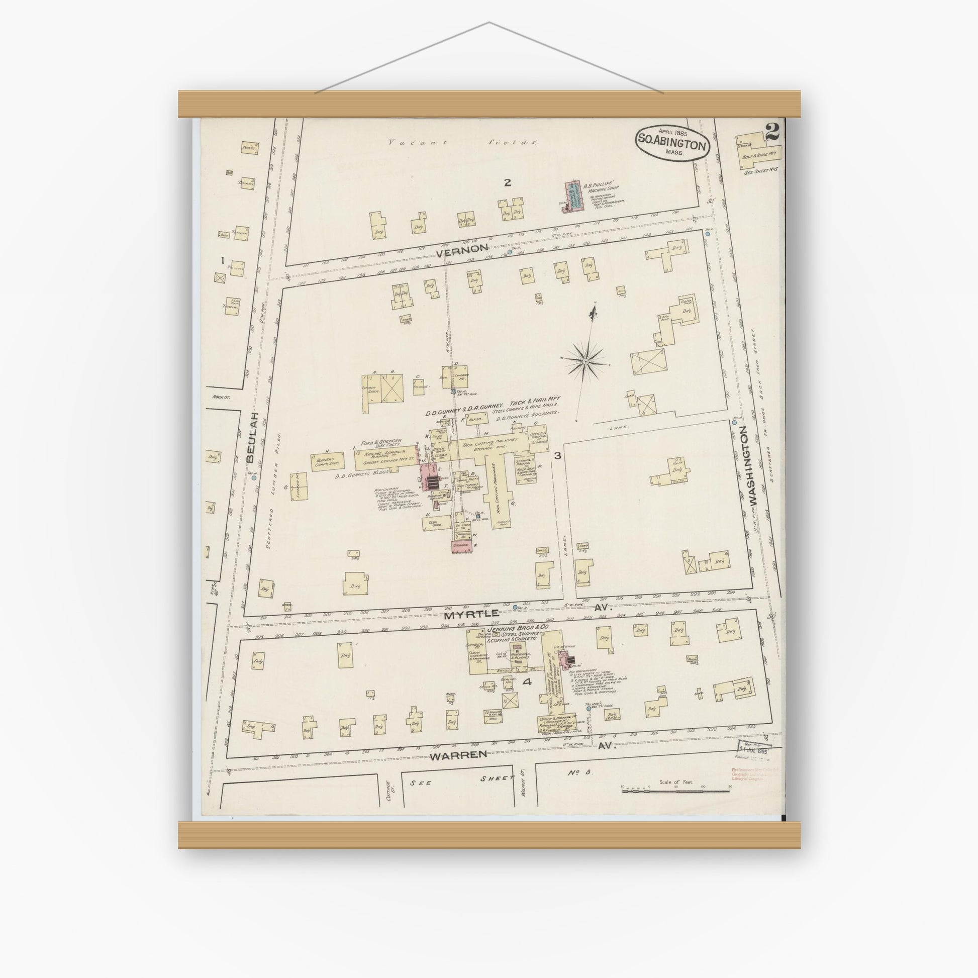 Old map wall art mockup — magnetic wood frame on white wall — Sanborn Fire Insurance Map from South Abington, Plymouth County, Massachusetts (1885), Sheet #0002