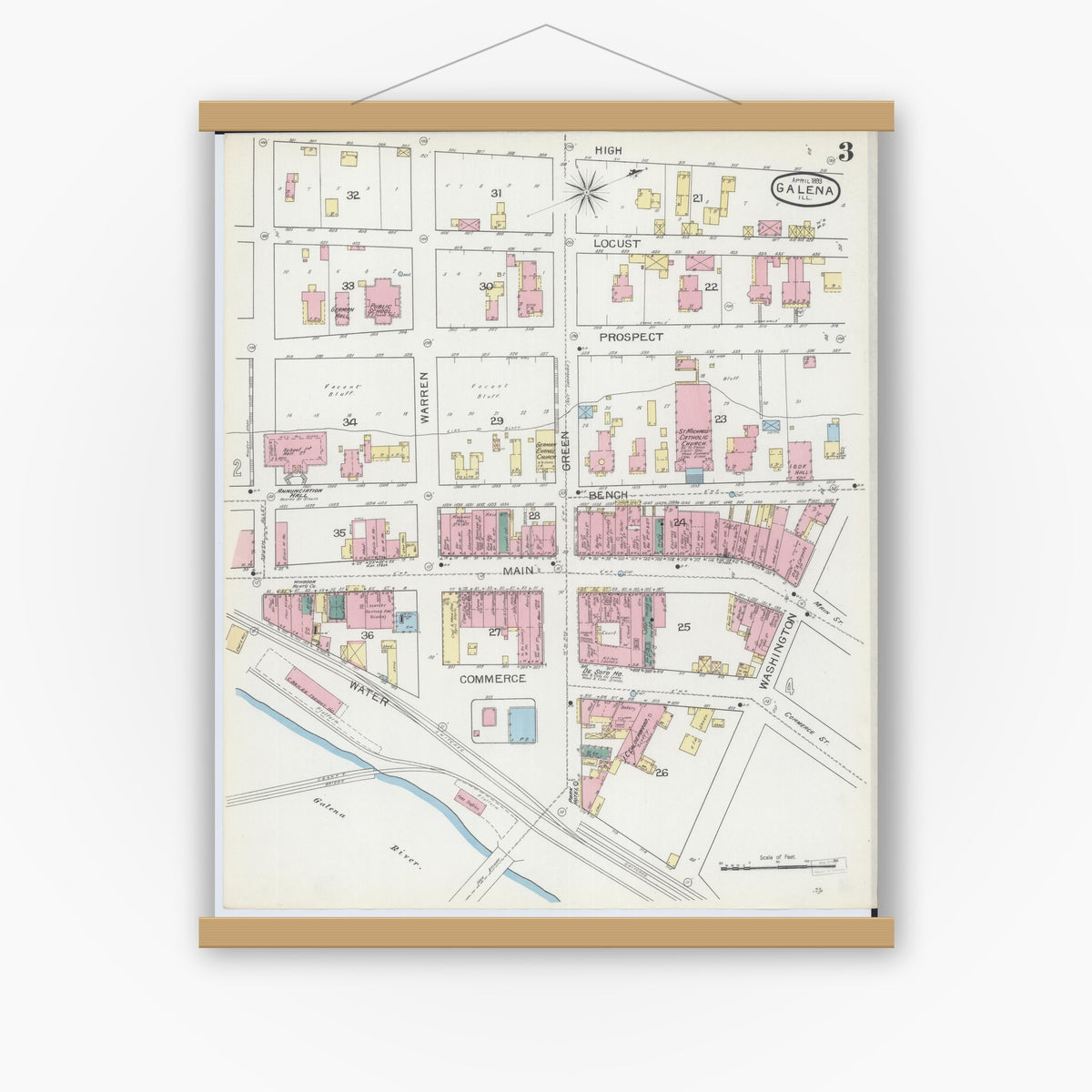 Old map wall art mockup — magnetic wood frame on white wall — Sanborn Fire Insurance Map from Galena, Jo Daviess County, Illinois (1893), Sheet #0003