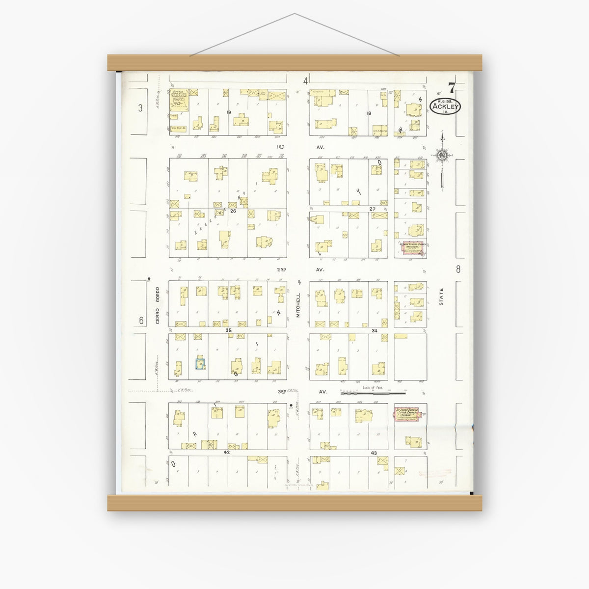 Old map wall art mockup — magnetic wood frame on white wall — Sanborn Fire Insurance Map from Ackley, Hardin and Franklin Counties, Iowa (1916), Sheet #0007