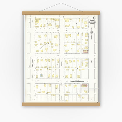 Old map wall art mockup — magnetic wood frame on white wall — Sanborn Fire Insurance Map from Ackley, Hardin and Franklin Counties, Iowa (1916), Sheet #0007