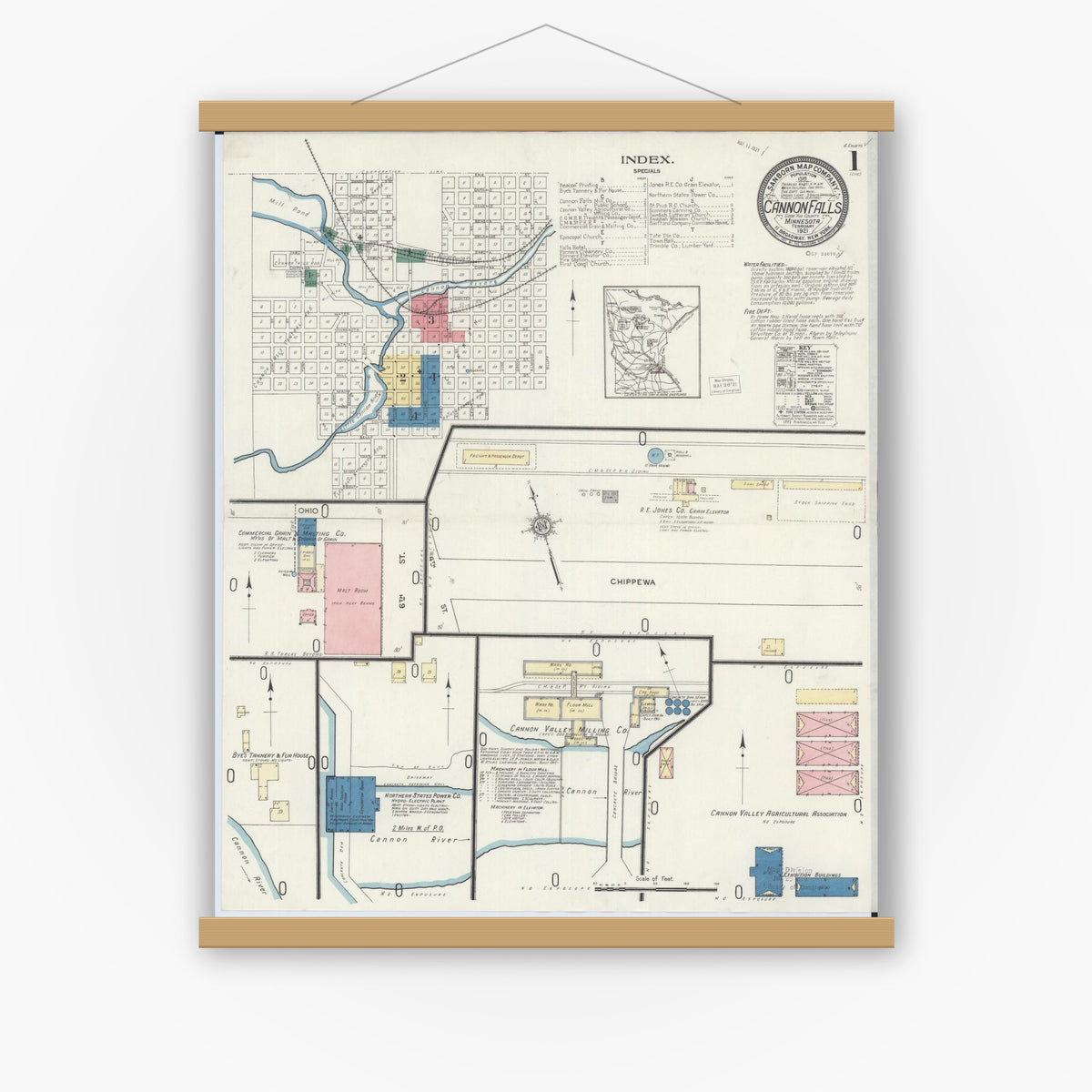 Old map wall art mockup — magnetic wood frame on white wall — Sanborn Fire Insurance Map from Cannon Falls, Goodhue County, Minnesota (1921) - Complete Map Set