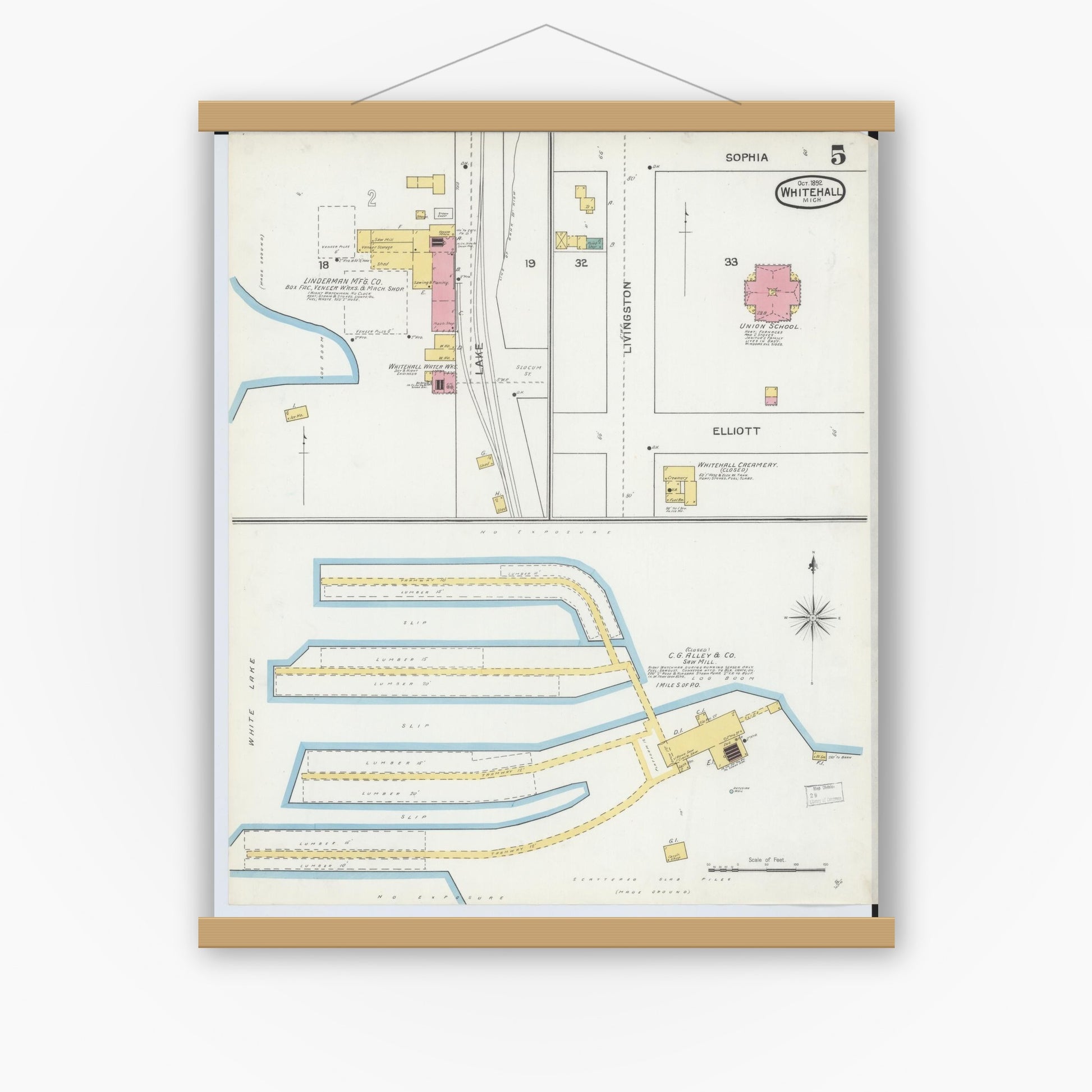 Old map wall art mockup — magnetic wood frame on white wall — Sanborn Fire Insurance Map from Whitehall, Muskegon County, Michigan (1892), Sheet #0005
