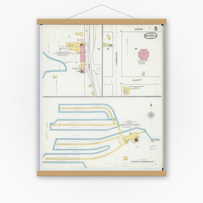Old map wall art mockup — magnetic wood frame on white wall — Sanborn Fire Insurance Map from Whitehall, Muskegon County, Michigan (1892), Sheet #0005
