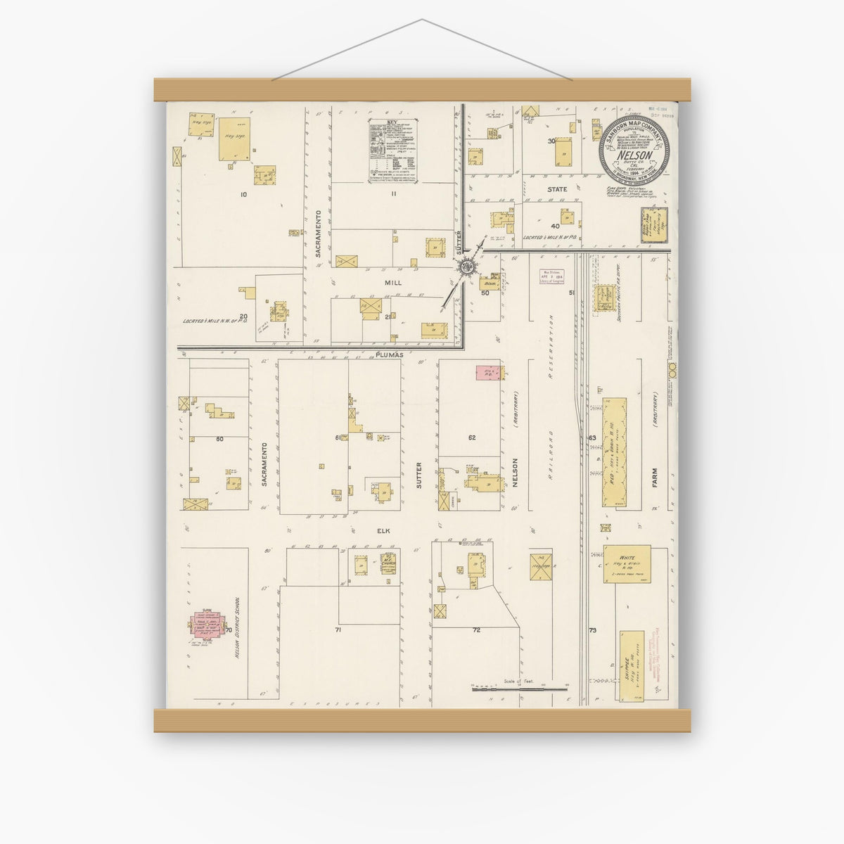 Old map wall art mockup — magnetic wood frame on white wall — Sanborn Fire Insurance Map from Nelson, Butte County, California (1914), Sheet #0001