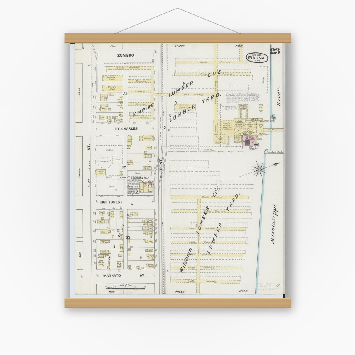 Old map wall art mockup — magnetic wood frame on white wall — Sanborn Fire Insurance Map from Winona, Winona County, Minnesota (1889), Sheet #0023