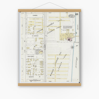 Old map wall art mockup — magnetic wood frame on white wall — Sanborn Fire Insurance Map from Winona, Winona County, Minnesota (1889), Sheet #0023