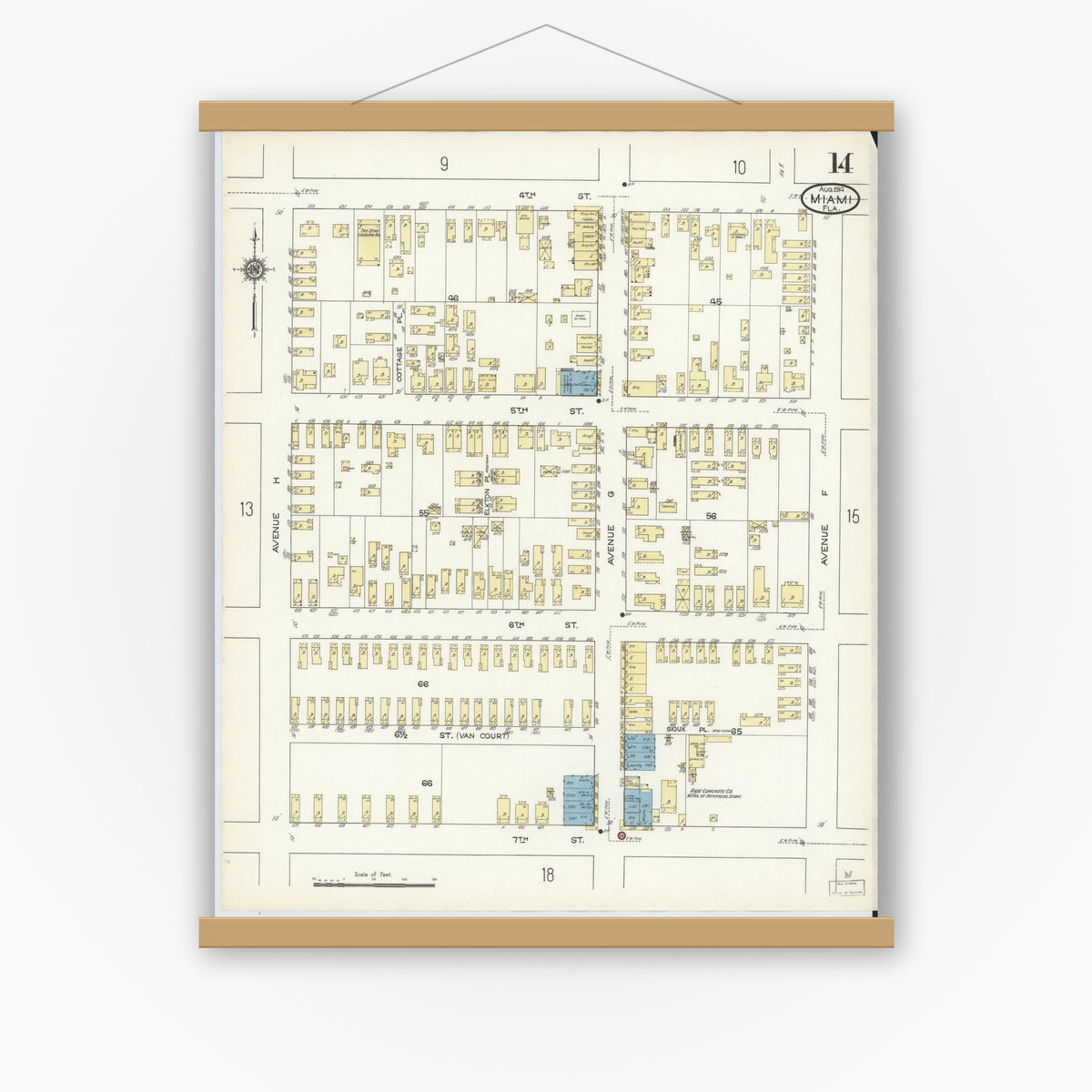 Old map wall art mockup — magnetic wood frame on white wall — Sanborn Fire Insurance Map from Miami, Dade County, Florida (1914), Sheet #0014