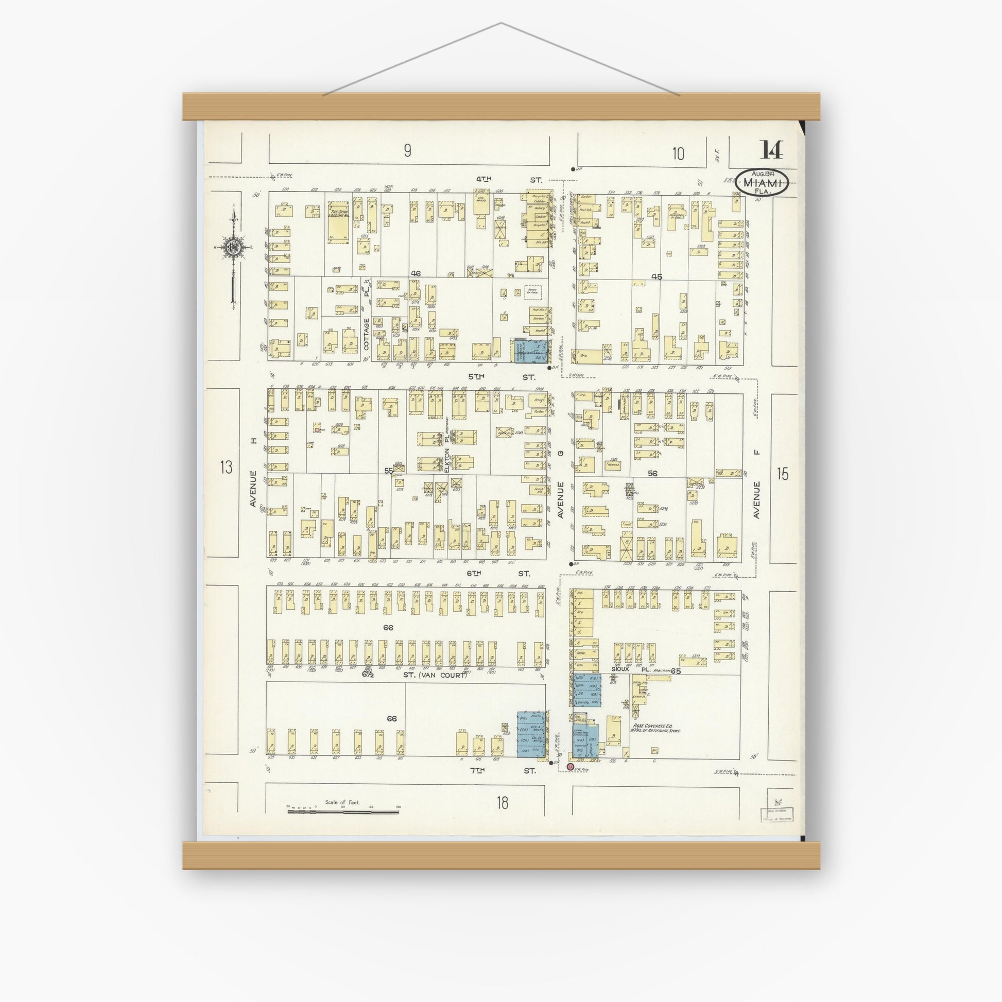 Old map wall art mockup — magnetic wood frame on white wall — Sanborn Fire Insurance Map from Miami, Dade County, Florida (1914), Sheet #0014