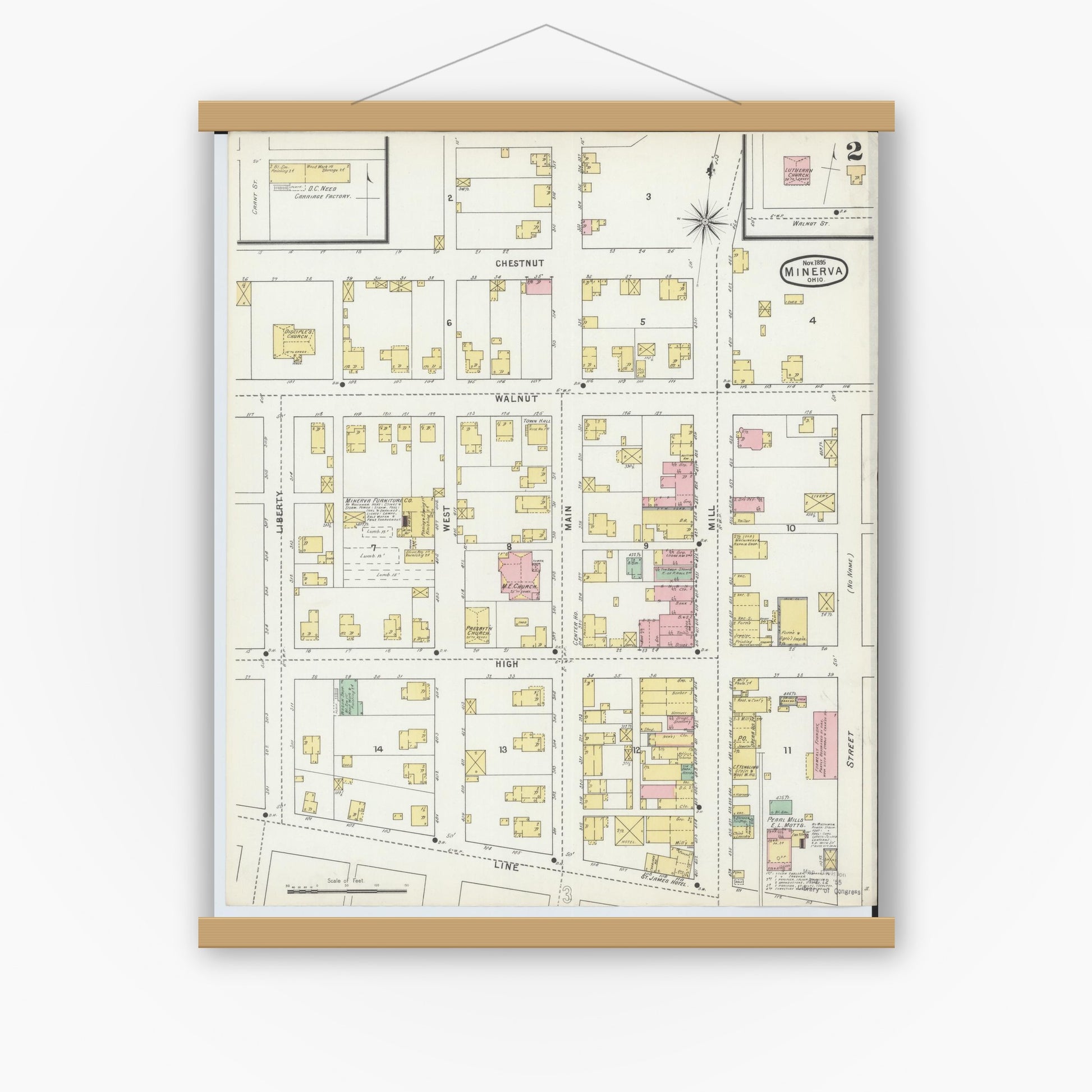 Old map wall art mockup — magnetic wood frame on white wall — Sanborn Fire Insurance Map from Minerva, Stark And Carroll Counties, Ohio (1895), Sheet #0002