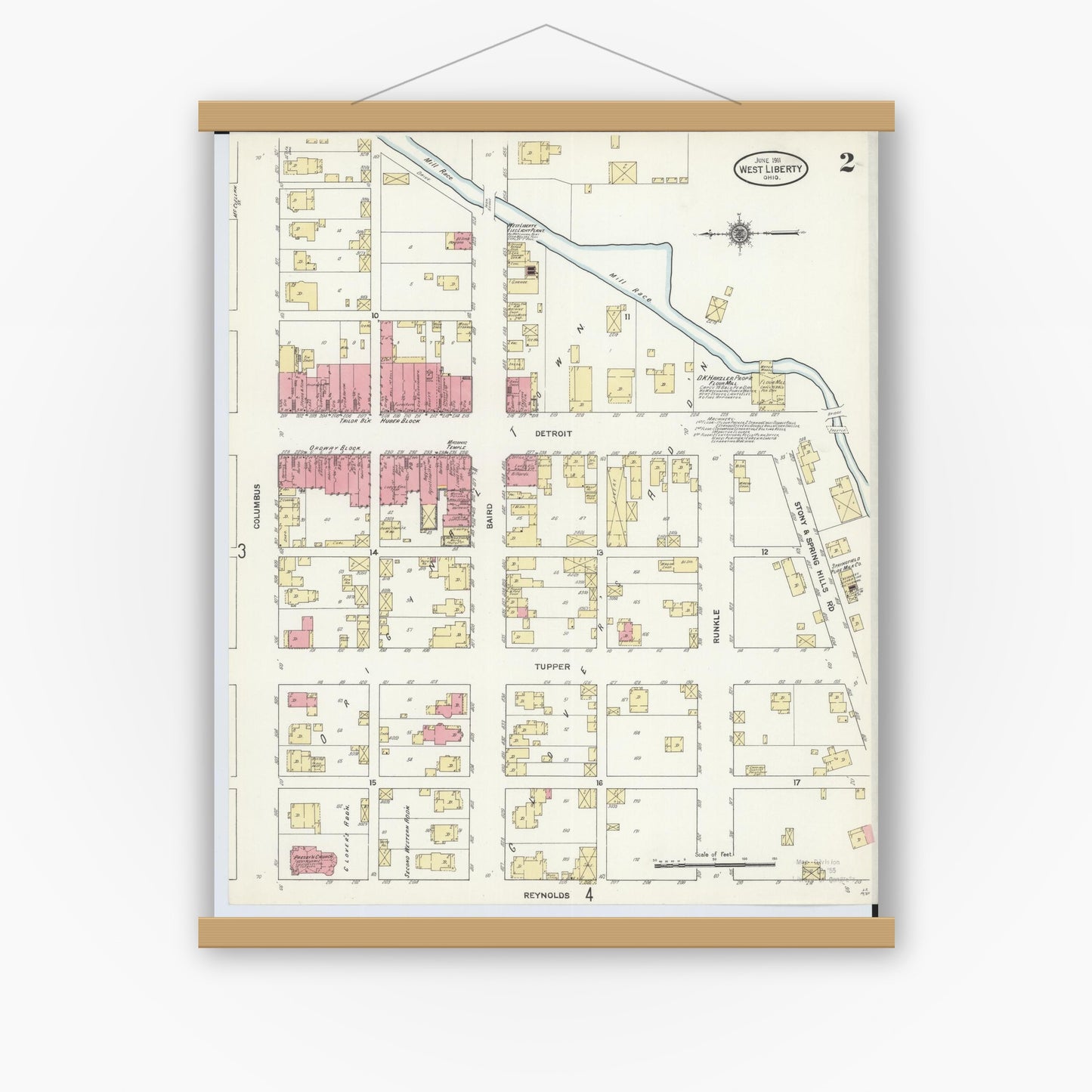 Old map wall art mockup — magnetic wood frame on white wall — Sanborn Fire Insurance Map from West Liberty, Logan County, Ohio (1911), Sheet #0002