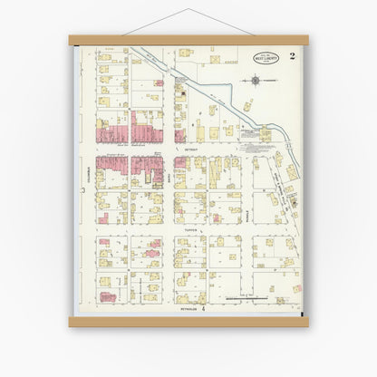 Old map wall art mockup — magnetic wood frame on white wall — Sanborn Fire Insurance Map from West Liberty, Logan County, Ohio (1911), Sheet #0002