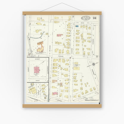 Old map wall art mockup — magnetic wood frame on white wall — Sanborn Fire Insurance Map from Battle Creek, Calhoun County, Michigan (1913), Sheet #0024