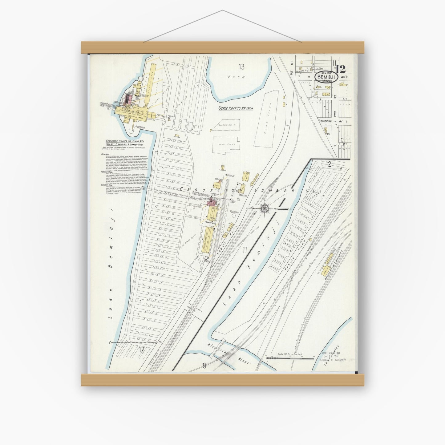 Old map wall art mockup — magnetic wood frame on white wall — Sanborn Fire Insurance Map from Bemidji, Beltrami County, Minnesota (1916), Sheet #0012