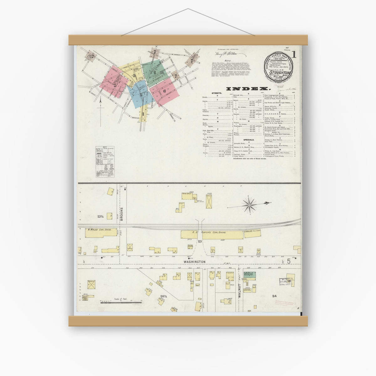 Old map wall art mockup — magnetic wood frame on white wall — Sanborn Fire Insurance Map from Stoughton, Norfolk County, Massachusetts (1896), Sheet #0001