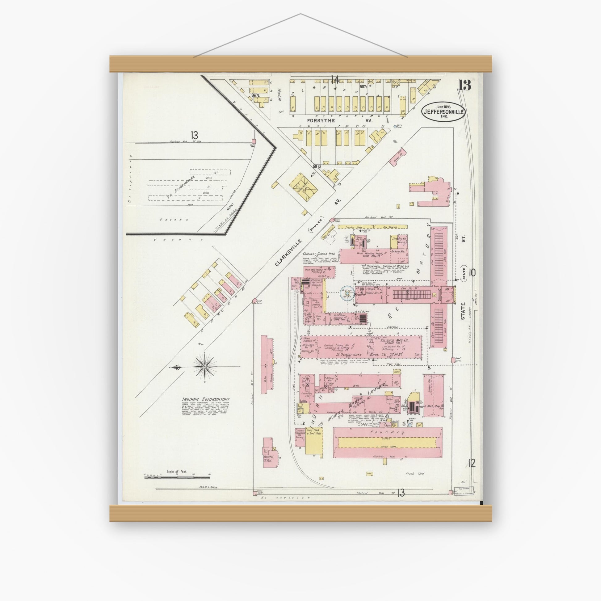 Old map wall art mockup — magnetic wood frame on white wall — Sanborn Fire Insurance Map from Jeffersonville, Clark County, Indiana (1898), Sheet #0013