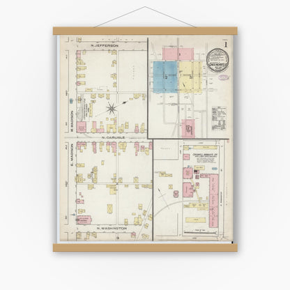 Old map wall art mockup — magnetic wood frame on white wall — Sanborn Fire Insurance Map from Greencastle, Franklin County, Pennsylvania (1885) - Complete Map Set