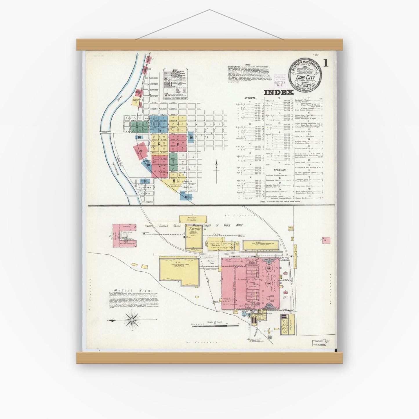 Old map wall art mockup — magnetic wood frame on white wall — Sanborn Fire Insurance Map from Gas City, Grant County, Indiana (1904) - Complete Map Set