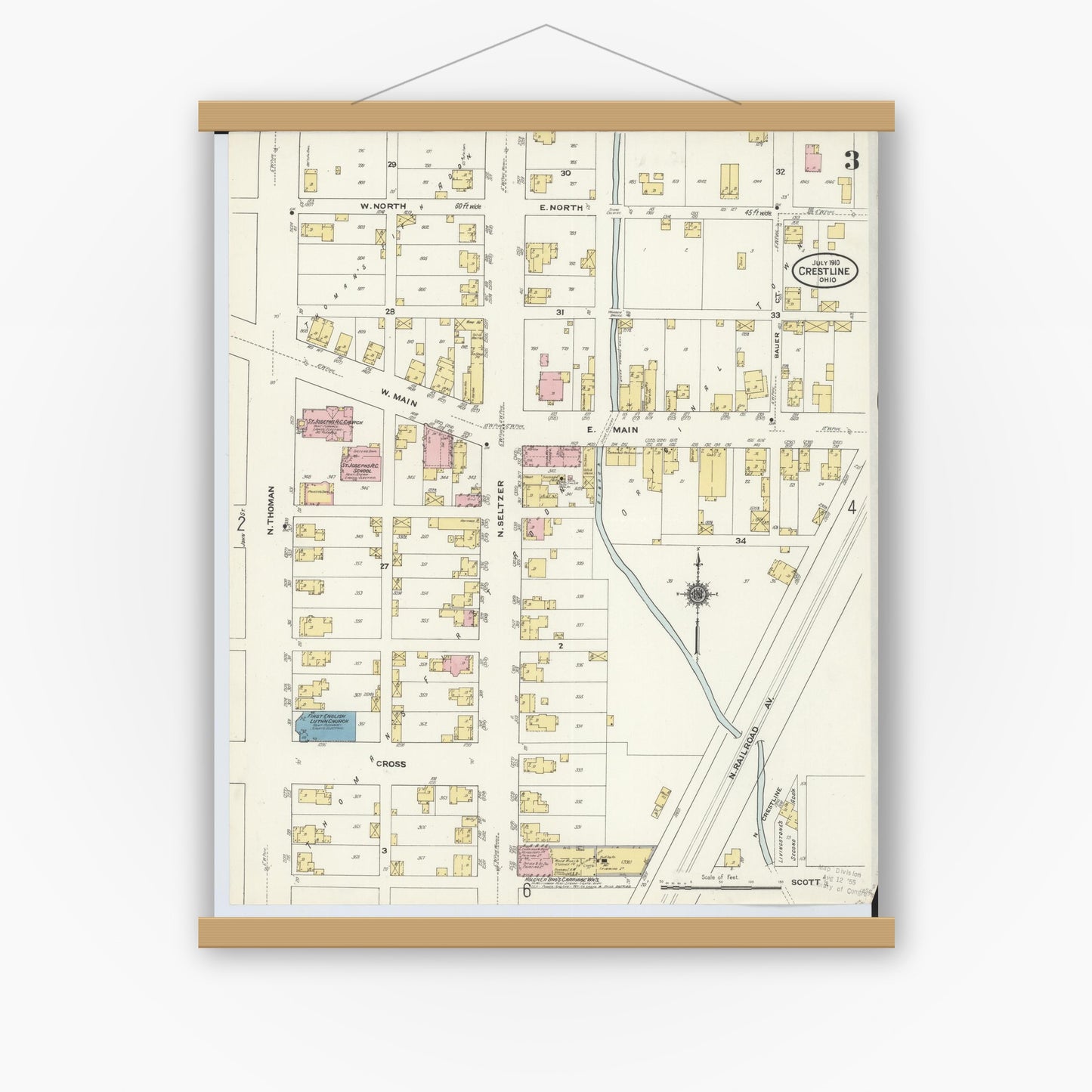 Old map wall art mockup — magnetic wood frame on white wall — Sanborn Fire Insurance Map from Crestline, Crawford County, Ohio (1910), Sheet #0003