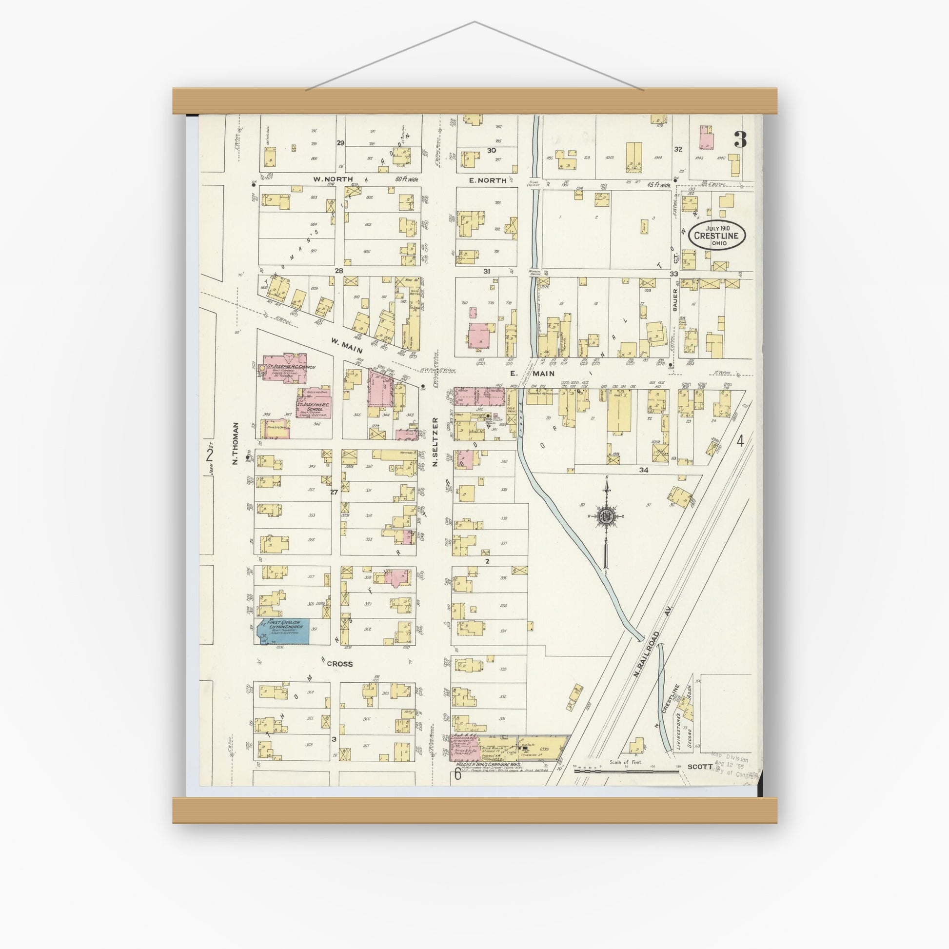 Old map wall art mockup — magnetic wood frame on white wall — Sanborn Fire Insurance Map from Crestline, Crawford County, Ohio (1910), Sheet #0003