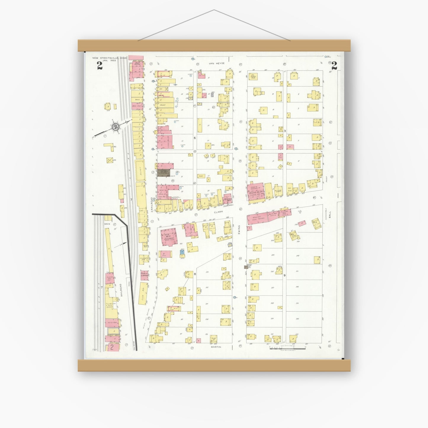 Old map wall art mockup — magnetic wood frame on white wall — Sanborn Fire Insurance Map from New Straitsville, Perry County, Ohio (1933), Sheet #0002