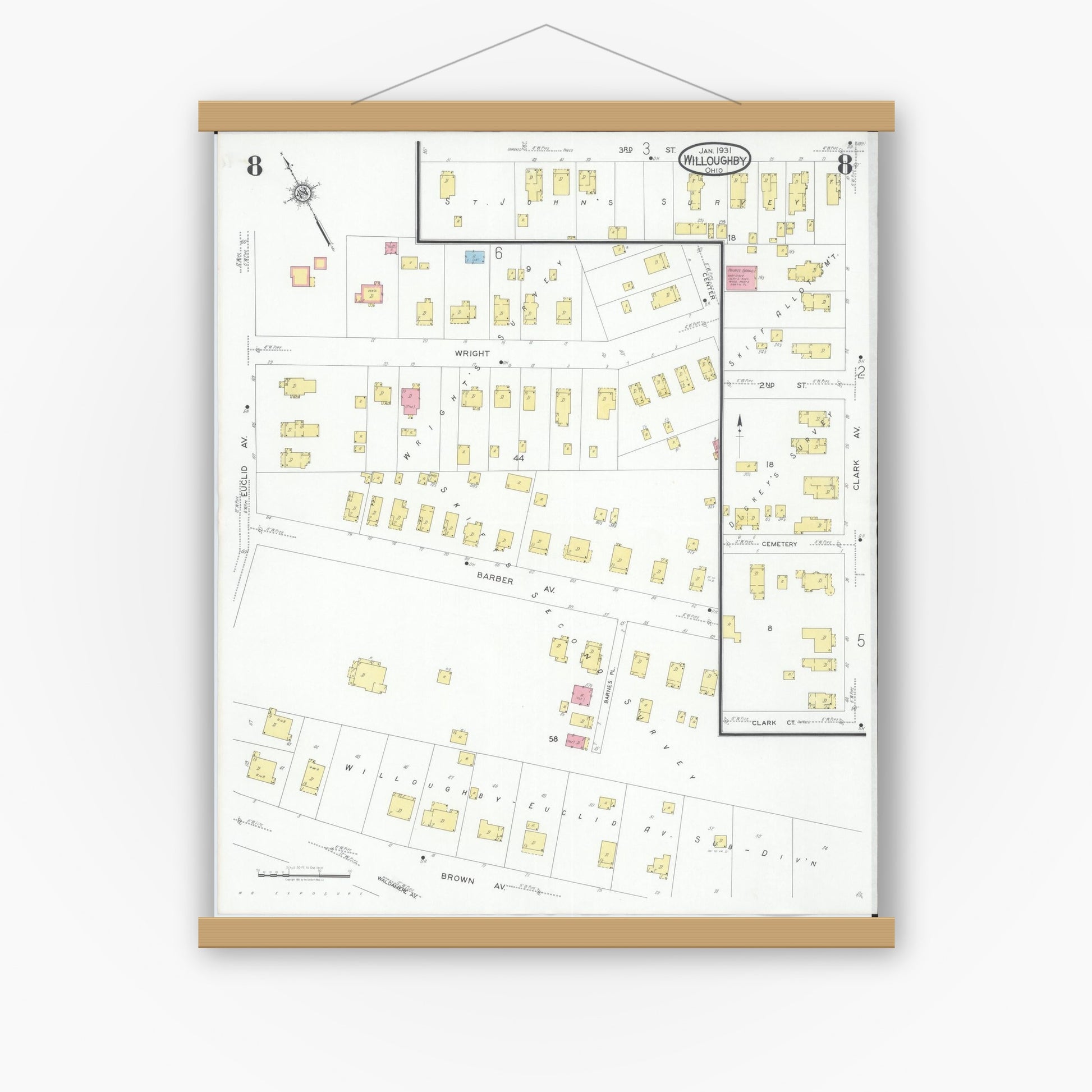Old map wall art mockup — magnetic wood frame on white wall — Sanborn Fire Insurance Map from Willoughby, Lake County, Ohio (1931), Sheet #0008