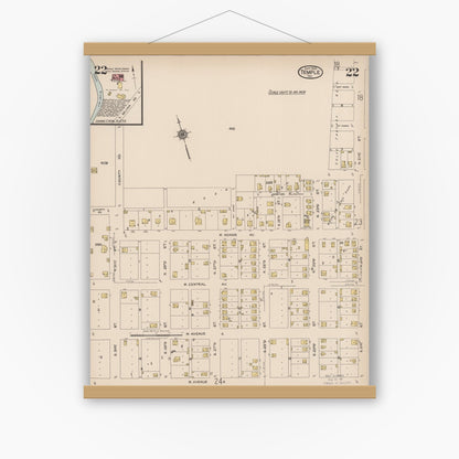 Old map wall art mockup — magnetic wood frame on white wall — Sanborn Fire Insurance Map from Temple, Bell County, Texas (1922), Sheet #0022