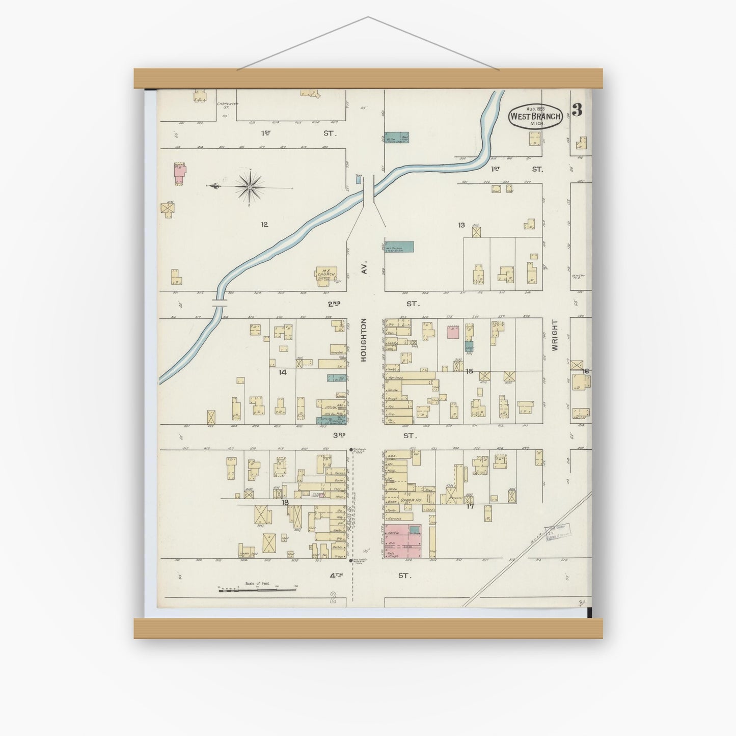 Old map wall art mockup — magnetic wood frame on white wall — Sanborn Fire Insurance Map from West Branch, Ogemaw County, Michigan (1893), Sheet #0003