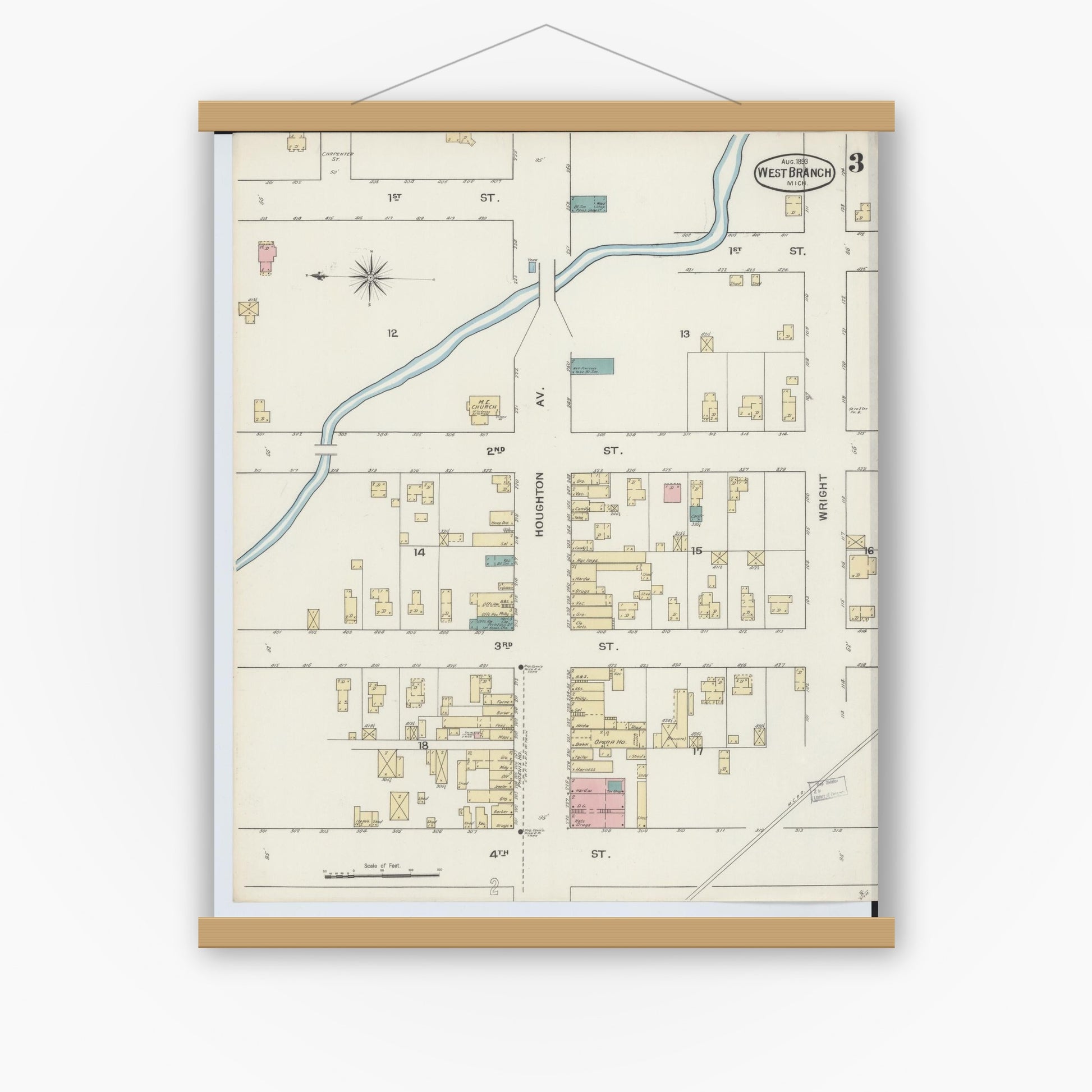 Old map wall art mockup — magnetic wood frame on white wall — Sanborn Fire Insurance Map from West Branch, Ogemaw County, Michigan (1893), Sheet #0003