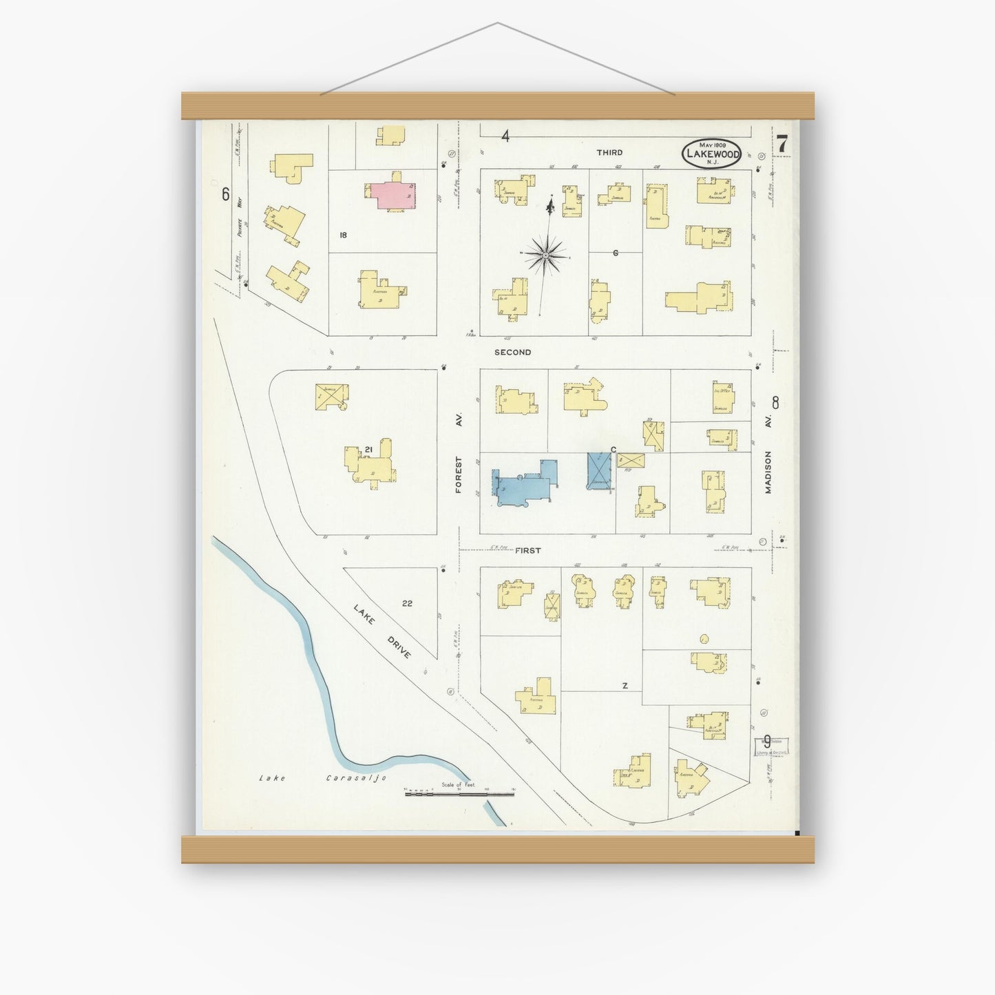 Old map wall art mockup — magnetic wood frame on white wall — Sanborn Fire Insurance Map from Lakewood, Ocean County, New Jersey (1909), Sheet #0007