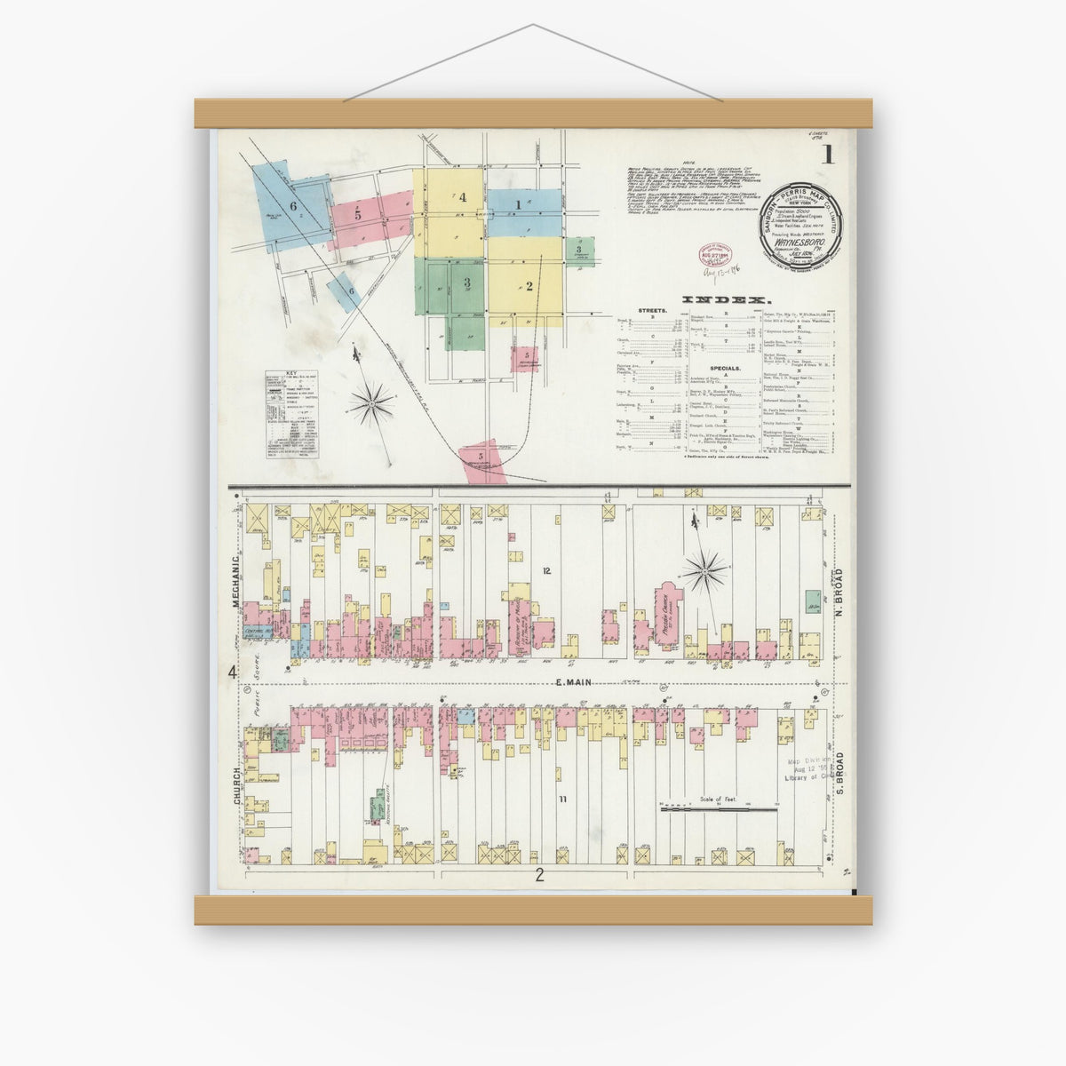 Old map wall art mockup — magnetic wood frame on white wall — Sanborn Fire Insurance Map from Waynesboro, Franklin County, Pennsylvania (1896) - Complete Map Set