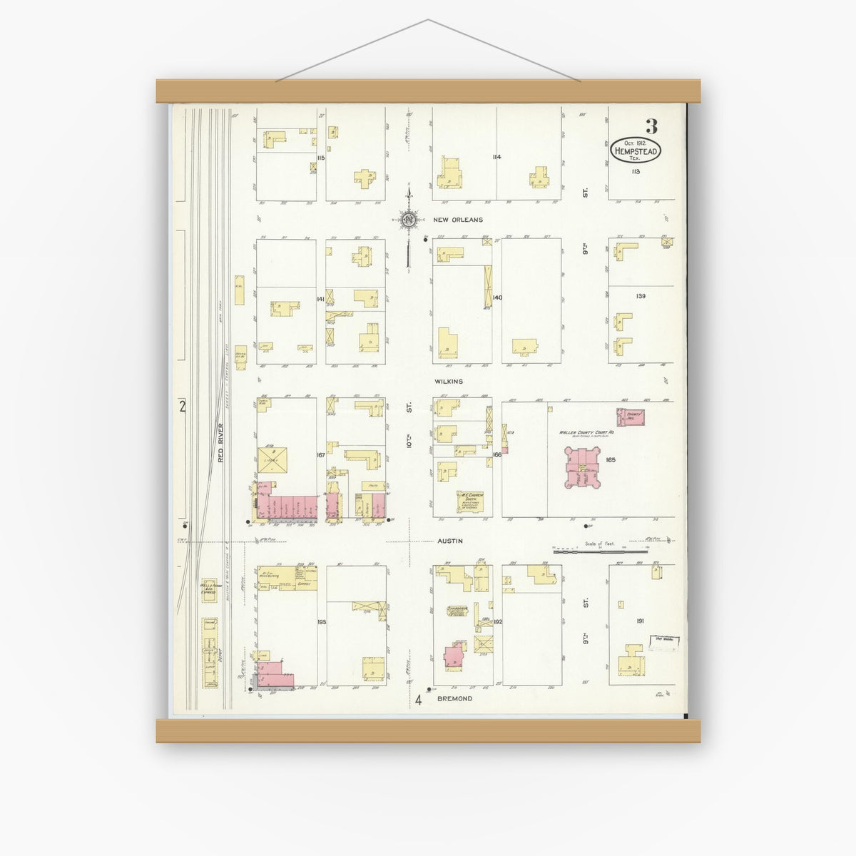 Old map wall art mockup — magnetic wood frame on white wall — Sanborn Fire Insurance Map from Hempstead, Waller County, Texas (1912), Sheet #0003